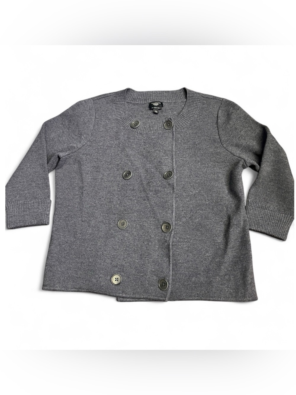 Talbots Petite Large 100% Merino Wool Gray Double-Breasted Cardigan Sweater